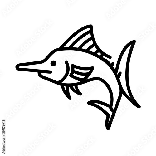 Illustration of a black outline marlin fish swimming in the ocean for fishing art