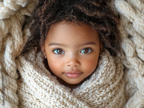 A black African baby kid with afro hair, wrapped in a soft white blanket on a bed, is a cute and perfect image for advertisements, characterized by big beautiful eyes and a tiny nose, suitable as