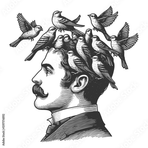 man in formal attire with an open head, from which birds are flying, symbolizing creativity and imagination sketch engraving generative ai vector illustration. Scratch board. Black and white image.
