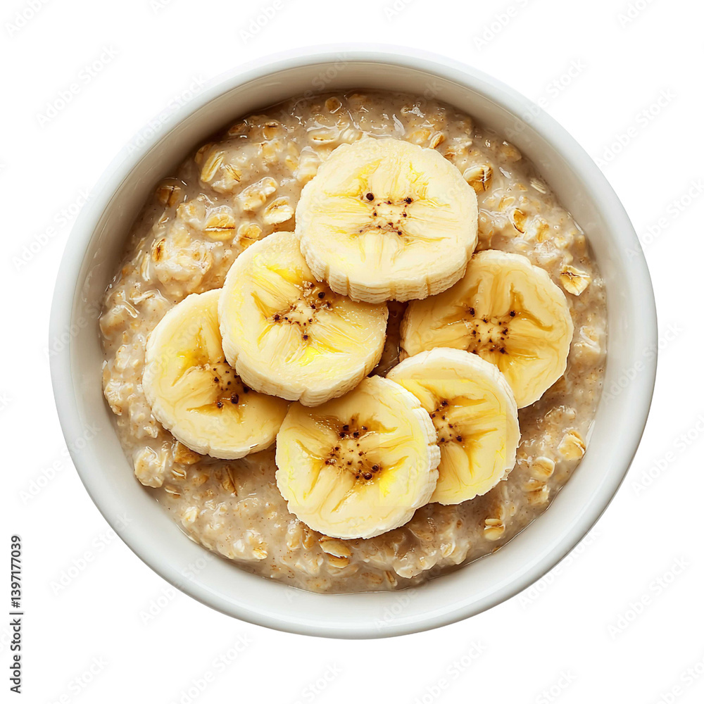 Creamy Oatmeal Bowl Topped with Freshly Sliced Banana, Showcasing a Nutritious and Balanced Breakfast in a High-Quality PNG Image