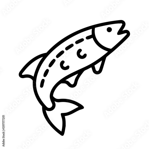 Illustration of a simple line art drawing of a salmon fish jumping upward icon