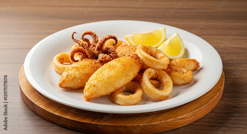 Serving Fried Calamari with Lemon on a Wooden Board Serving Fried Calamari with Lemon on a Wooden Board