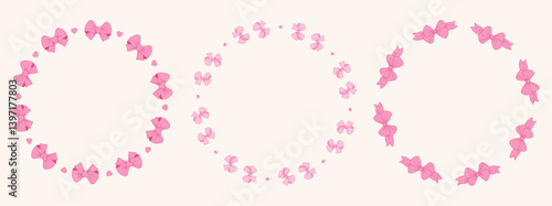 Coquette Pink Ribbon Bow Circle Frame set. Vintage isolated Elegant round border. Romantic Girly Vibe. Vector illustration for design, wedding, invitation, card