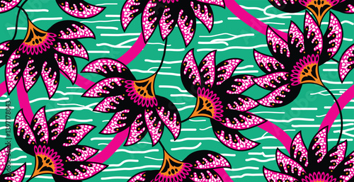 African ethnic traditional teal green pattern. seamless beautiful Kitenge, chitenge style. fashion design in colorful. Geometric purple flower abstract motif. Floral Ankara prints, African wax prints.