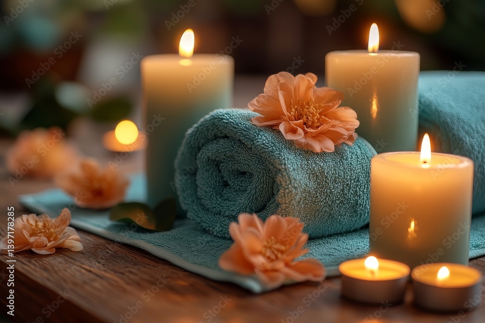 The spa and wellness center is prepared for beauty, featuring brown towels, bamboo sticks, and candles for spa massages and body treatments, all decorated with candles, spa stones, and salt on a The spa and wellness center is prepared for beauty, featuring brown towels, bamboo sticks, and candles for spa massages and body treatments, all decorated with candles, spa stones, and salt on a