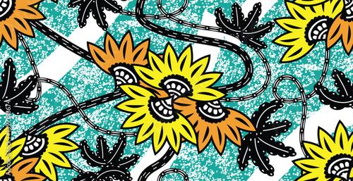 African ethnic traditional green pattern. seamless beautiful Kitenge, chitenge style. fashion design in colorful. Geometric yellow flower abstract motif. Floral Ankara prints, African wax prints.