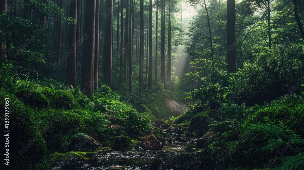 Obraz premium Enchanted Forest Stream: A Mystical Journey Through Lush Green Woods