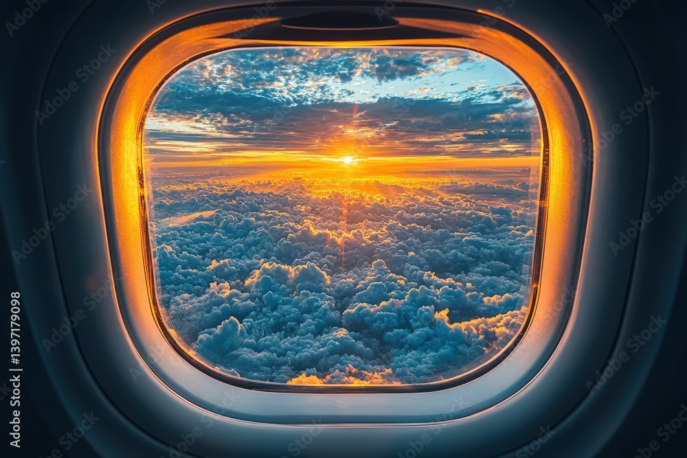 Airplane window view of sunset above clouds Airplane window view of sunset above clouds