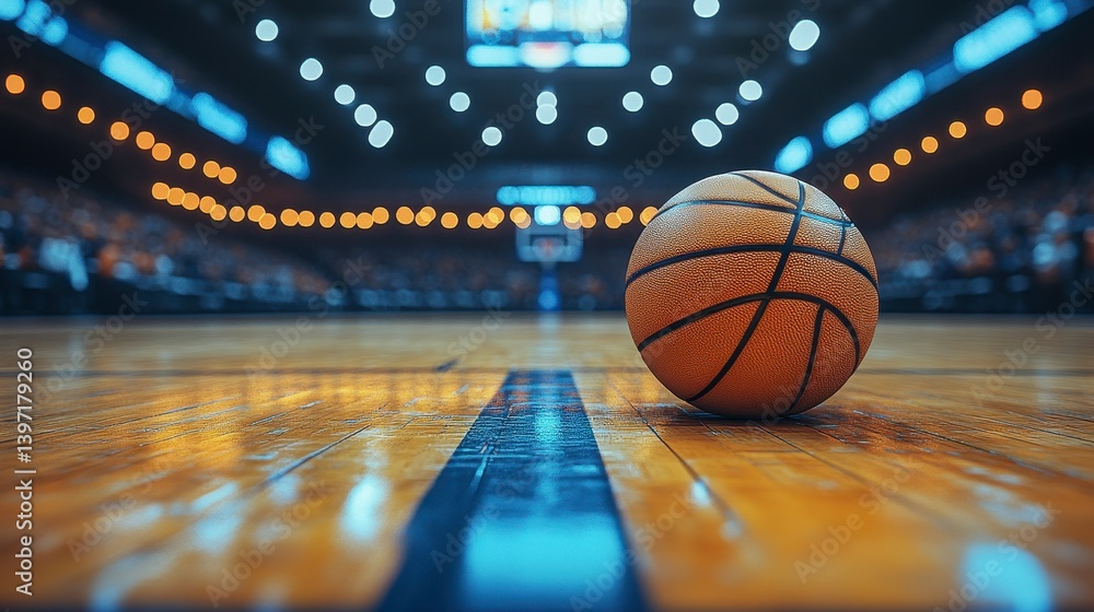 Basketball rests on court, illuminated stadium lights in background Basketball rests on court, illuminated stadium lights in background