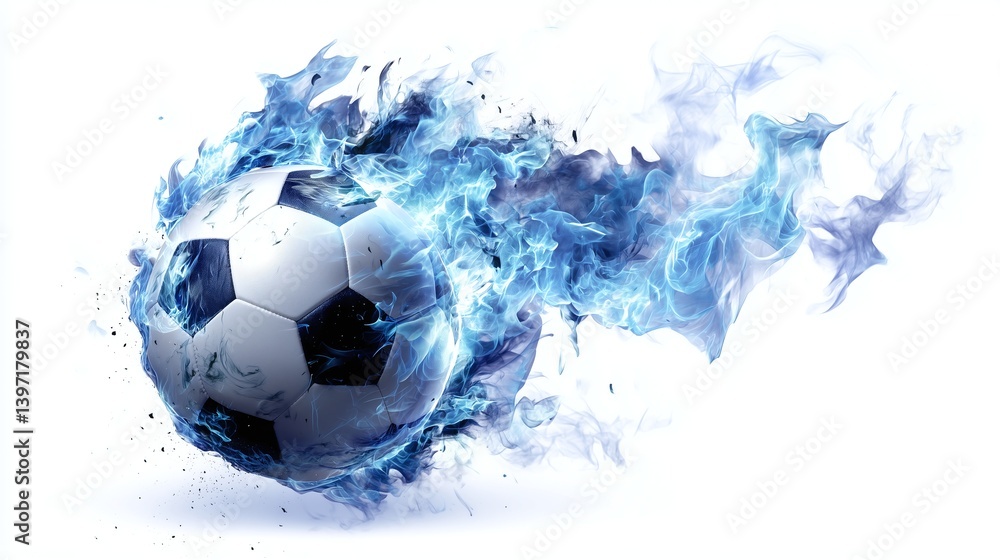 Naklejka premium Flaming soccer ball burning with electric blue fire, representing explosive energy and fierce competitive spirit