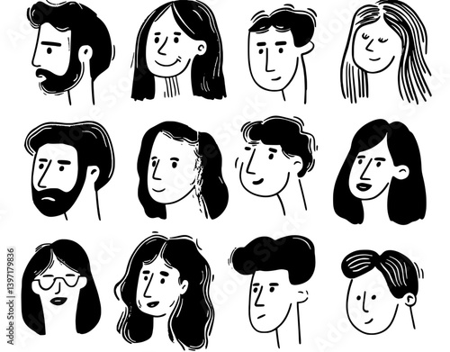 Modern people are depicted in a set of doodle drawing icons on a white background in eps