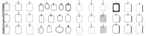 A collection of hand-drawn empty vintage frames, tags, and labels in a modern isolated style