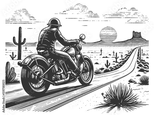 motorcyclist traveling down an endless desert road, symbolizing freedom and adventure sketch engraving generative ai vector illustration. Scratch board imitation. Black and white image.