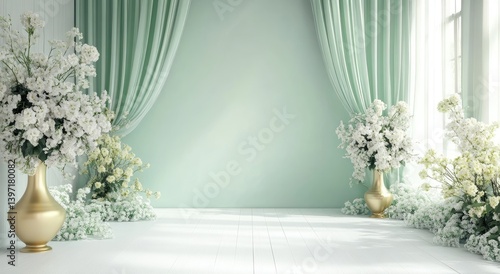A serene mint green room adorned with white floral arrangements.