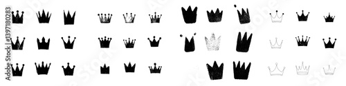 A collection of crown silhouettes, manually painted using a coarse brush, are presented as isolated black icons