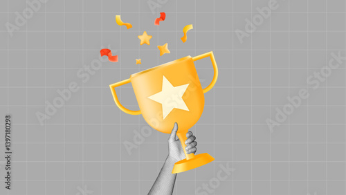 halftone collage, Hand holding a golden trophy with star and confetti, success, winner, achievement, award recognition, and celebration of excellence