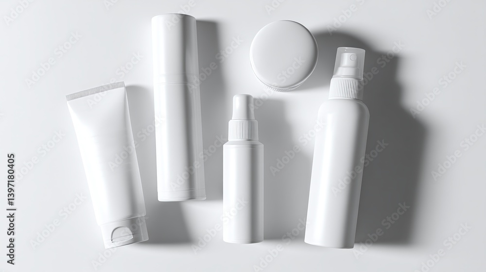 Cosmetic containers casting elongated shadows against pristine white background, mockup Cosmetic containers casting elongated shadows against pristine white background, mockup