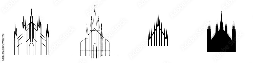 Fototapeta premium The Milan Cathedral is depicted in a modern hand drawn illustration showcasing Gothic architecture