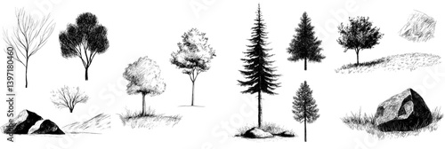 Modern illustration set featuring trees and water reflection, along with a landscape of forest depicted in a hand drawn sketch