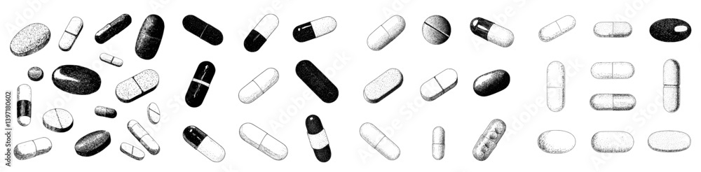 Modern line art features an illustration of a pill created with ink and engraving techniques