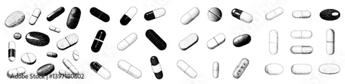 Modern line art features an illustration of a pill created with ink and engraving techniques