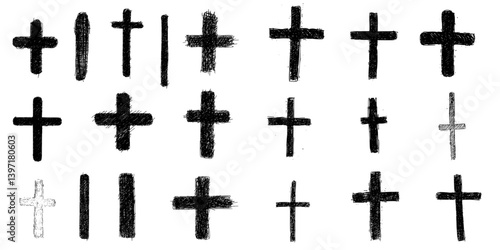 A collection of 25 hand-painted black Christian crosses isolated on a white background is presented in a modern illustration