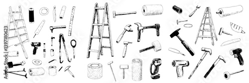 Modern illustration of a set of tools used for building repair, presented in a sketch style