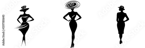 The mid-20th century is epitomized by a beautiful female silhouette in retro style, characterized by a dress, feathered hat, curly hair, long skirt, jacket, and long sleeves, ideal for vintage