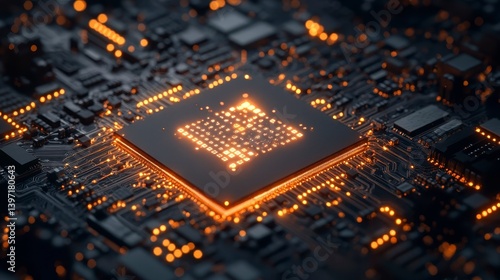 Abstract Close-Up of a Glowing Computer Chip on a Circuit Board