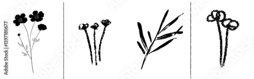 Three contemporary black hand-drawn grunge flowers are depicted in stylized silhouettes created with ink, set against a white background