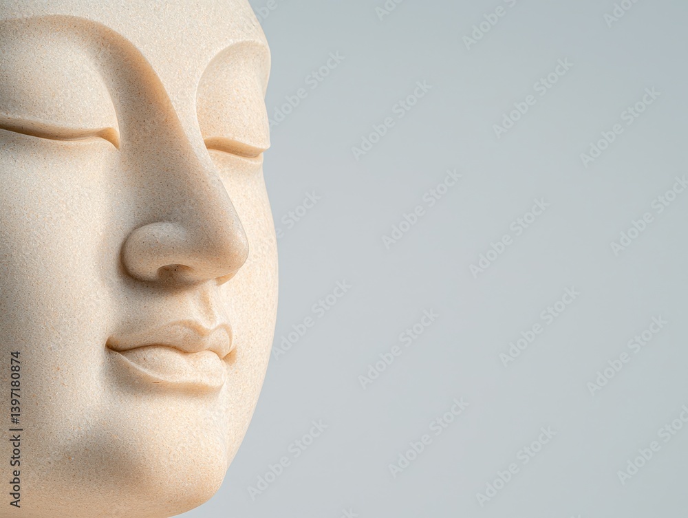 Serene Buddha Sculpture Close Up Showing Calm Face and Peaceful Expression on Neutral Background Serene Buddha Sculpture Close Up Showing Calm Face and Peaceful Expression on Neutral Background