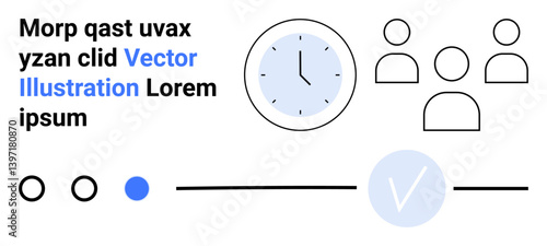 Clock with blue face, three user icons, checkmark symbol, text blocks, and circular buttons arranged in a minimalist style. Ideal for productivity apps, scheduling tools, team management
