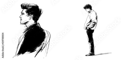 A hand-drawn ink doodle, sketch, and outline in black and white illustrates an abstract free fashion model clad in a fluffy fur coat, showcasing modern fashion