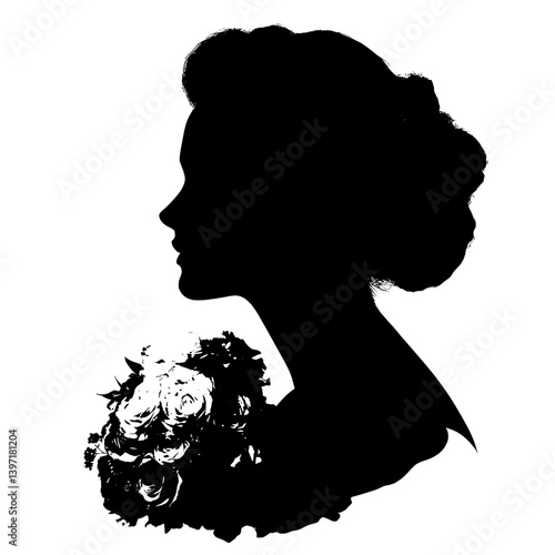 A beautifully illustrated romantic female silhouette in a vintage hat, a long antique dress with a plume, holding a fan, and having curly hair, designed for use on posters, prints, designs, covers,