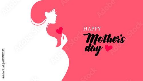 Mother's Day illustration with pregnant woman silhouette holding a heart. Perfect for cards, gifts, and decorations. Vector Illustration