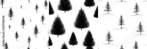 Evergreen coniferous forest or woodland overgrows hills in a seamless pattern, depicted in a hand-drawn monochrome modern illustration for use as wrapping paper or wallpaper, with a backdrop of