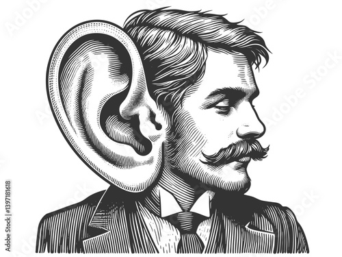 man in vintage attire with exaggeratedly large ears, symbolizing attentive listening or surreal fantasy sketch engraving generative ai vector illustration. Scratch board. Black and white image.