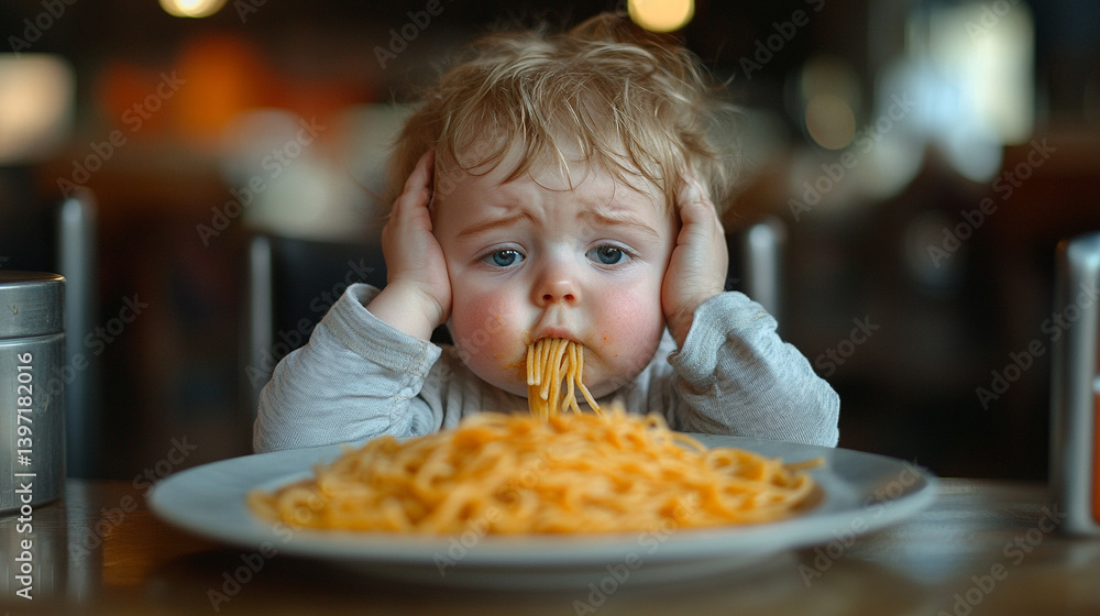 Child enjoys a plate of pasta in a busy restaurant Child enjoys a plate of pasta in a busy restaurant