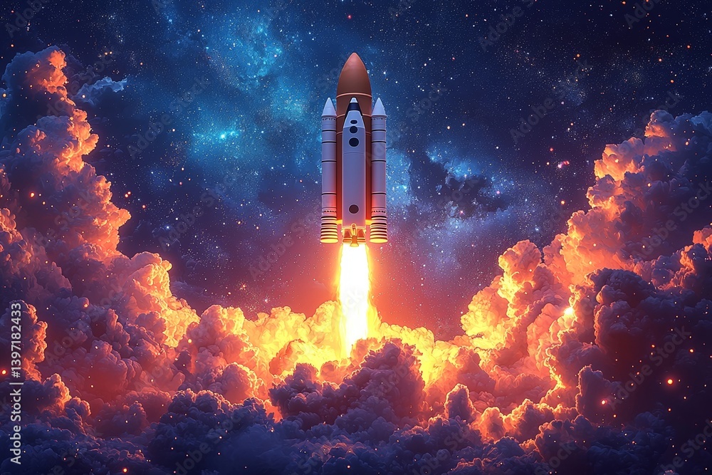 Fototapeta premium This boy-themed design includes a blue background, a space rocket, and empty space for text, making it versatile for different occasions such as baby showers and birthdays