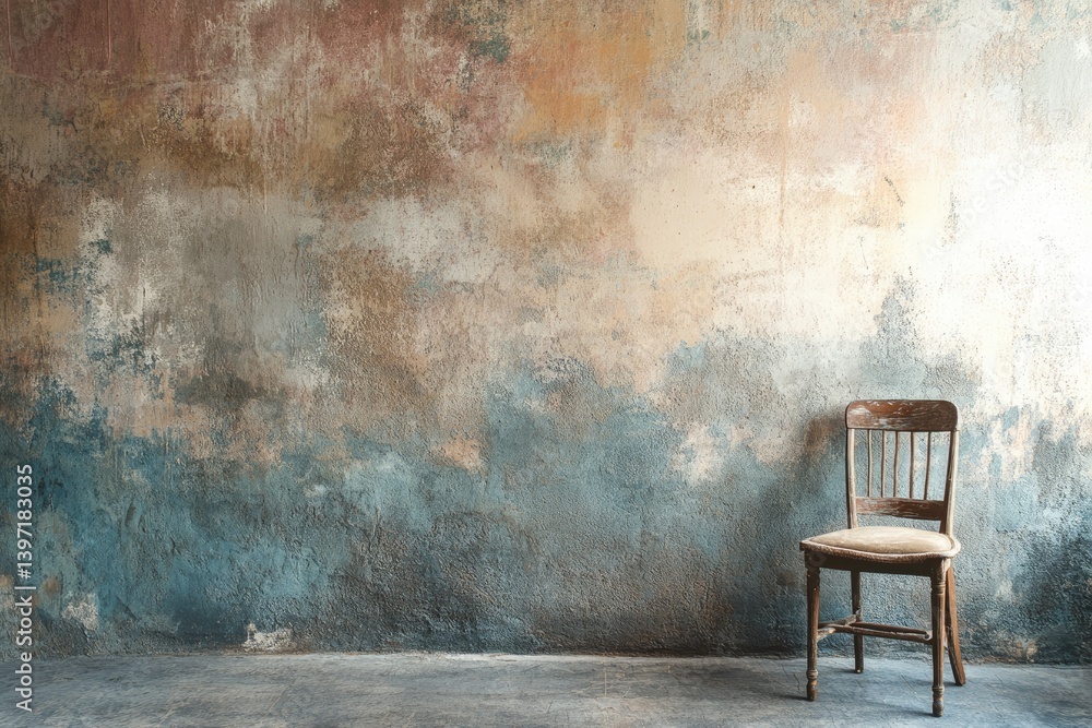 An aged, textured wall with a solitary wooden chair. An aged, textured wall with a solitary wooden chair.