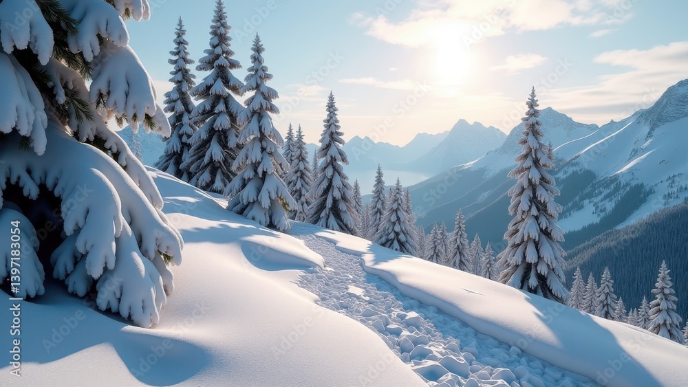 Obraz premium Snowy mountain slope with pine trees and sunlight breaking through clouds