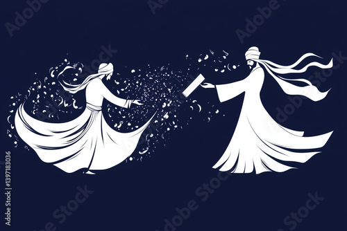 Symbolic meeting of a whirling dervish and a philosopher, white silhouettes with calligraphic flow and Sufi ornament on a dark blue background. The philosopher holds a scroll, representing wisdom, whi