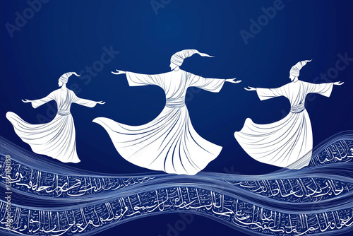 A whirling dervish and his disciples, depicted as elegant white silhouettes with subtle Islamic calligraphic flow and Sufi ornamental elements, on a dark blue background.