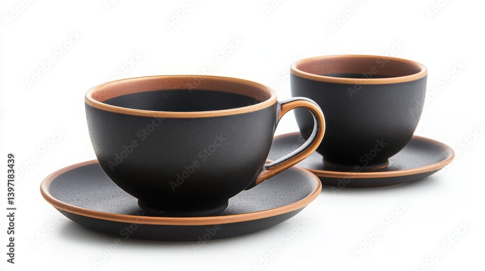 Obraz premium Black coffee cups and saucers with brown trim