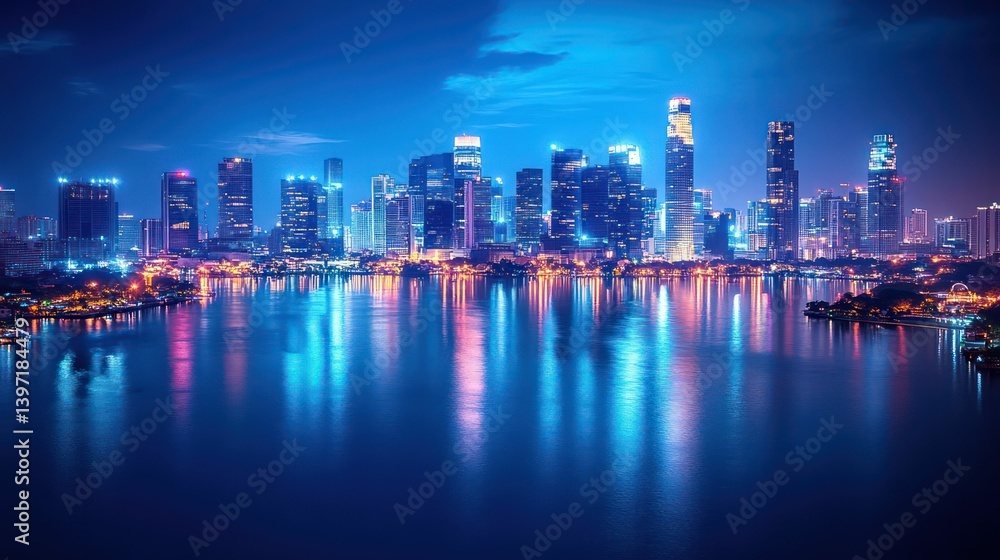 Fototapeta premium City skyline glows over water at night.