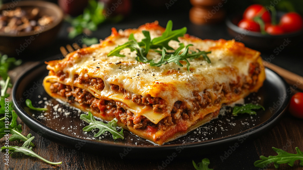 Delicious homemade lasagna served with fresh herbs Delicious homemade lasagna served with fresh herbs