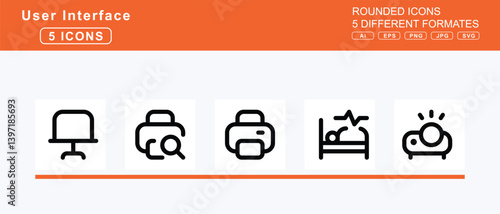 Set of 5 rounded user interface icons,portal, exit, portrait, pot, pound, power