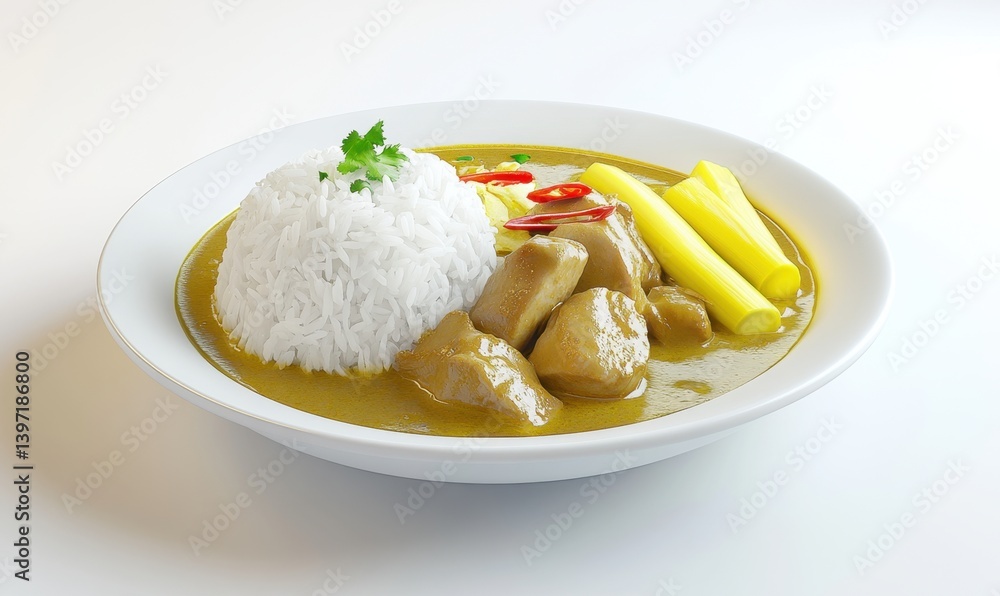 Chicken curry with rice, yellow vegetables, and chili. Studio shot, food photography, recipe illustration Chicken curry with rice, yellow vegetables, and chili. Studio shot, food photography, recipe illustration