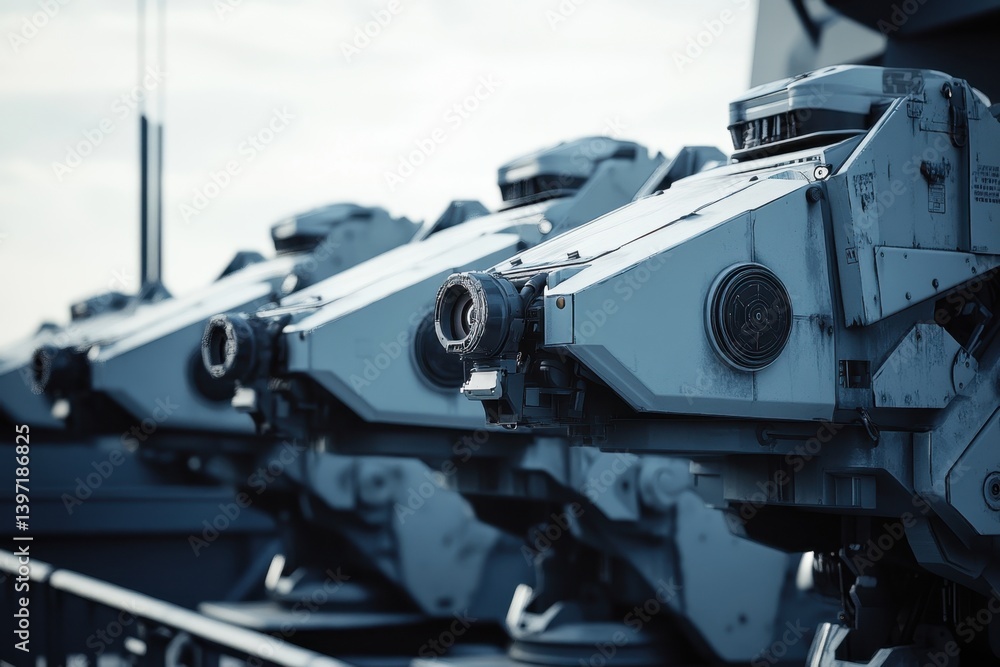 Advanced robotic machinery lined up at a high-tech facility in a futuristic city environment Advanced robotic machinery lined up at a high-tech facility in a futuristic city environment