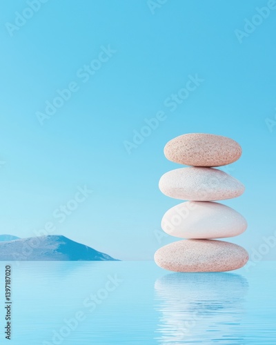 Serene Stacked Stones: Zen Balance and Calm in Azure Blue Reflection for Wellness, Spa and Meditation